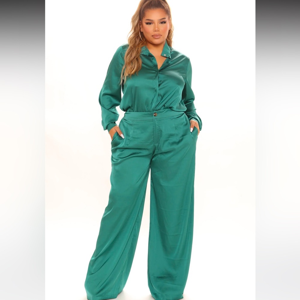 Green satin pant suit